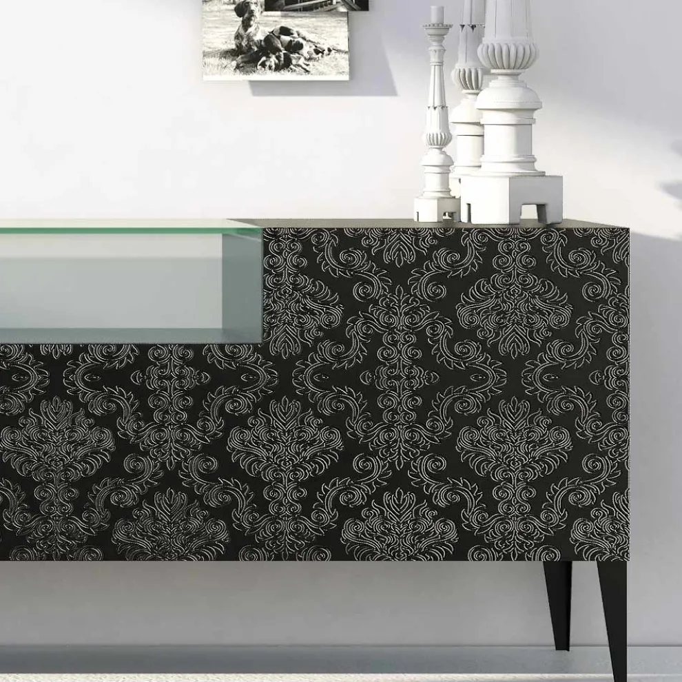 Sideboard aus schwarzem MDF mit Glaskasten und verzierten Türen Made in Italy - Marissa