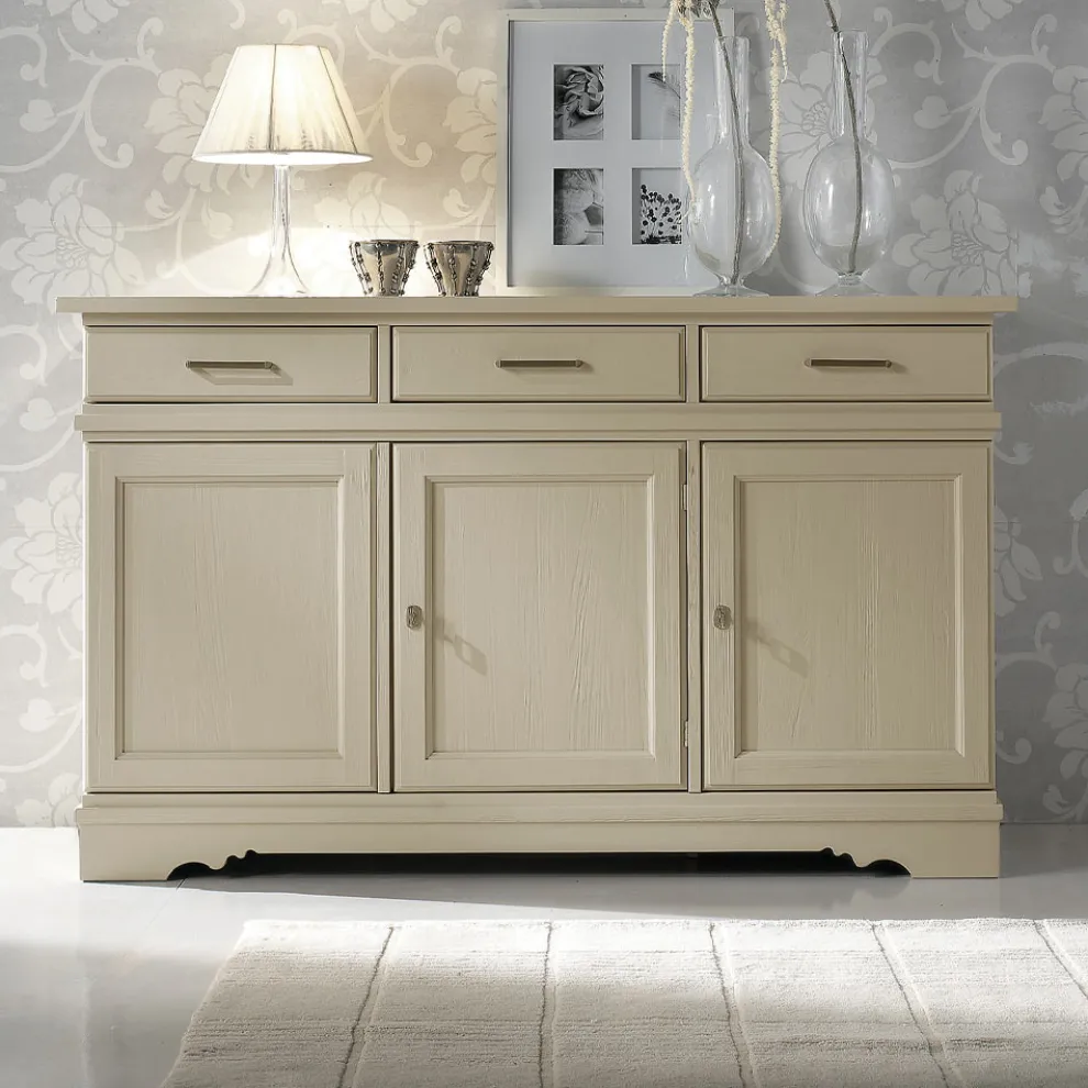 Sideboard mit 3 Türen und 3 Schubladen aus patiniertem Elfenbein, hergestellt in Italien – Gleti