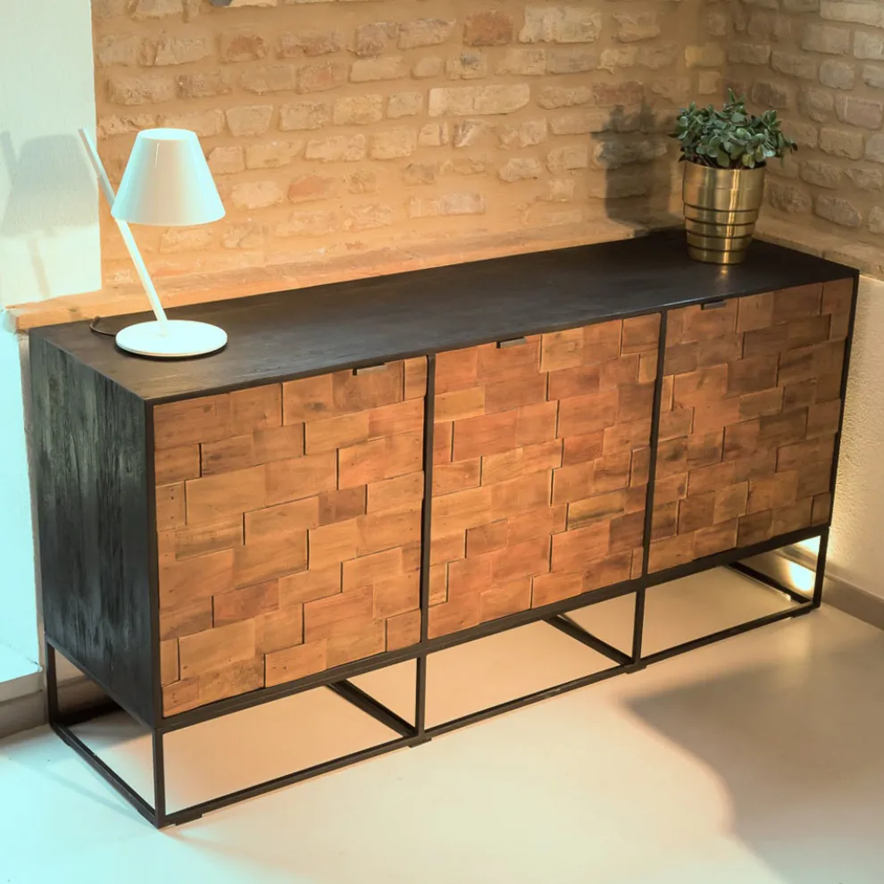 Sideboard mit 3 Türen aus recyceltem Patchwork-Holz und Metallstruktur - Slide