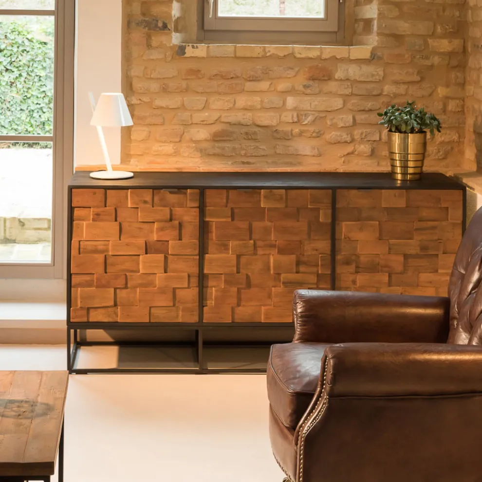 Sideboard mit 3 Türen aus recyceltem Patchwork-Holz und Metallstruktur - Slide