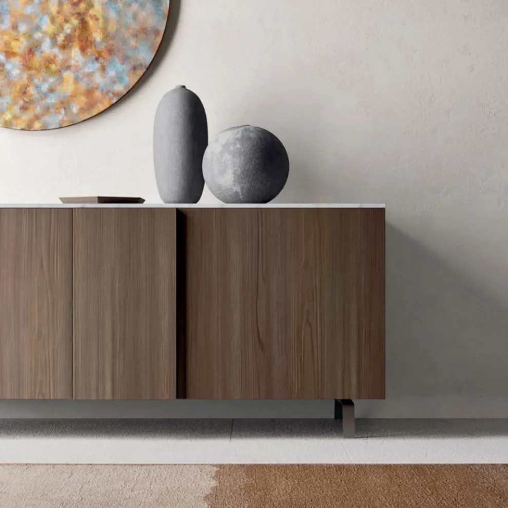 Sideboard mit 2 Türen für Wohnzimmer, aus ökologischem Holz und Metallplatte aus Marmor - Braun