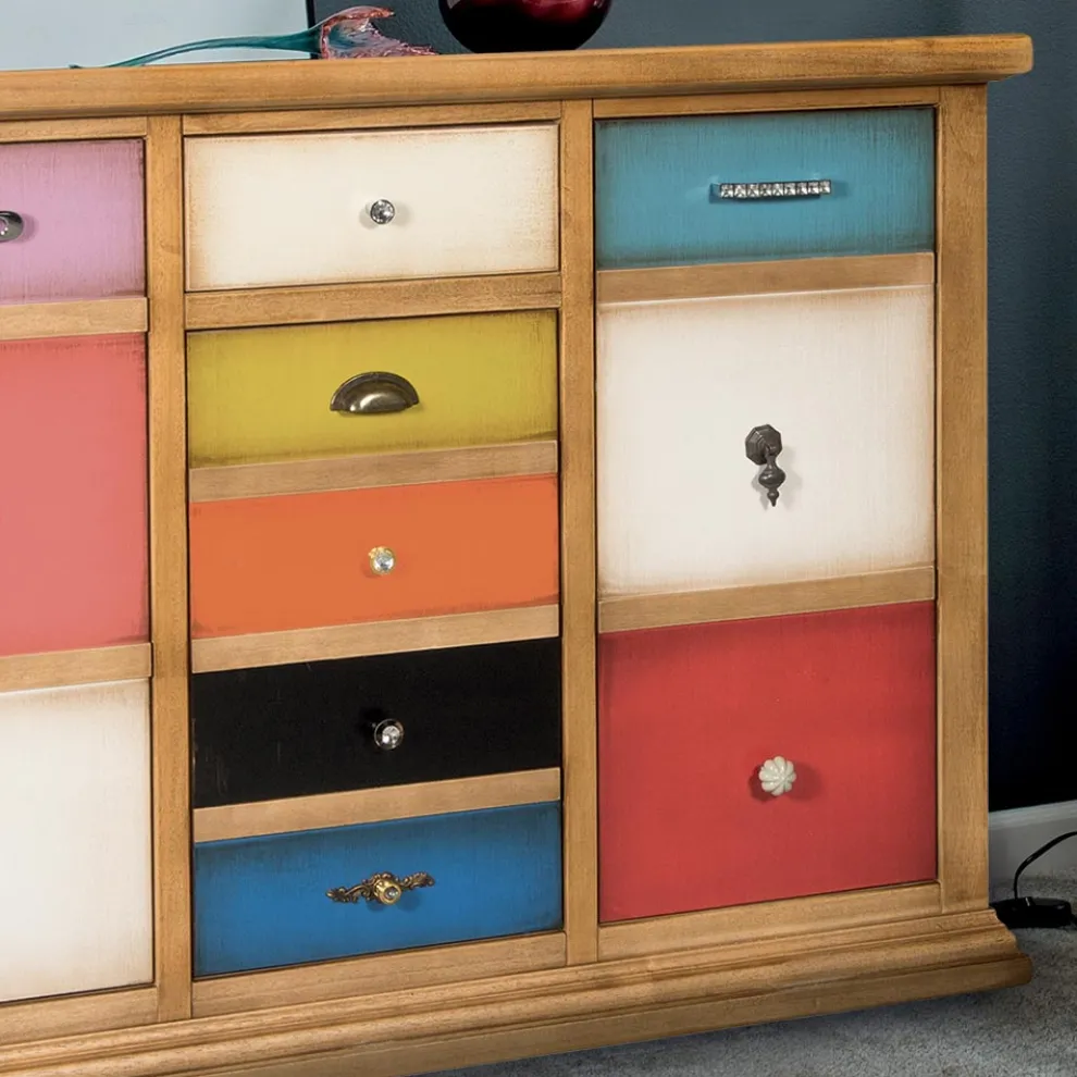 Sideboard mit farbigen Schubladen und verschiedenen Griffen, hergestellt in Italien – Shiva