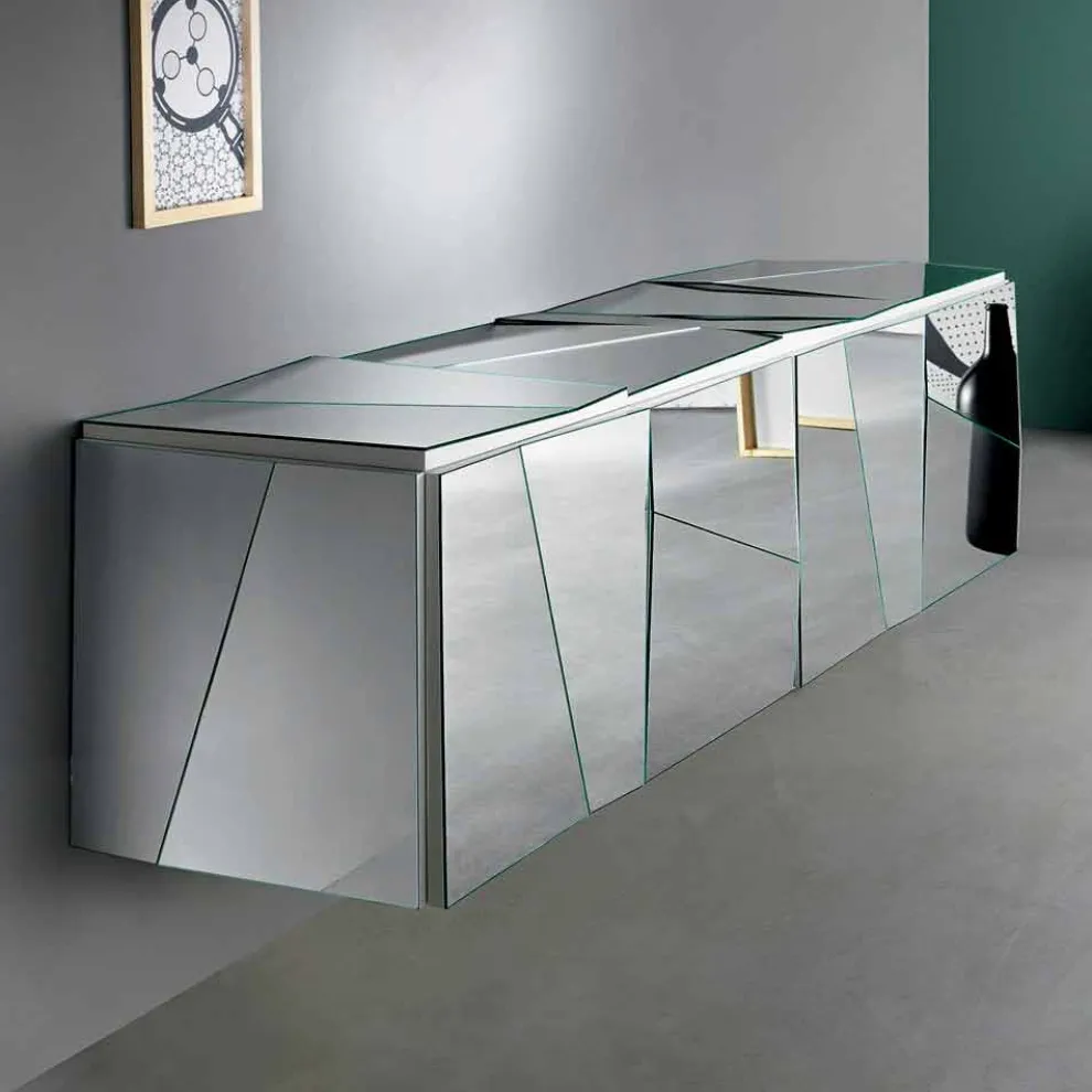 Sideboard mit Wandbehang aus mattweißem Holz und verspiegelten Gläsern - Senese