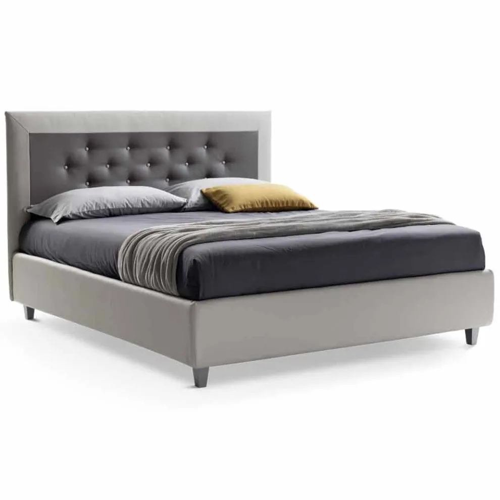 Doppelbett mit Box und Kopfteil mit Öko-Lederknöpfen Made in Italy - Arturo