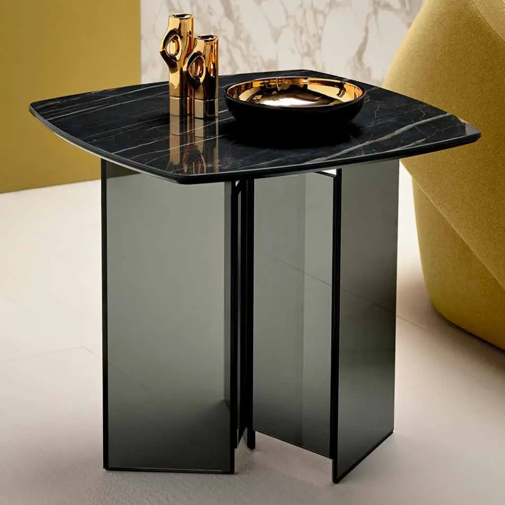 Sofa-Beistelltisch für Wohnzimmer mit Keramikplatte und Rauchglas - Random