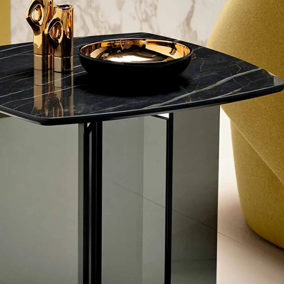 Sofa-Beistelltisch für Wohnzimmer mit Keramikplatte und Rauchglas - Random