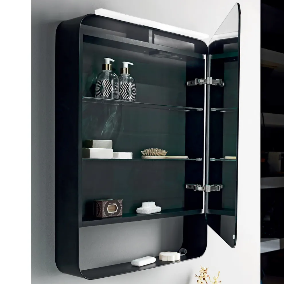 Spiegelbehälter aus Metall mit doppelter Spiegeltür und Lichtern, hergestellt in Italien – Jane