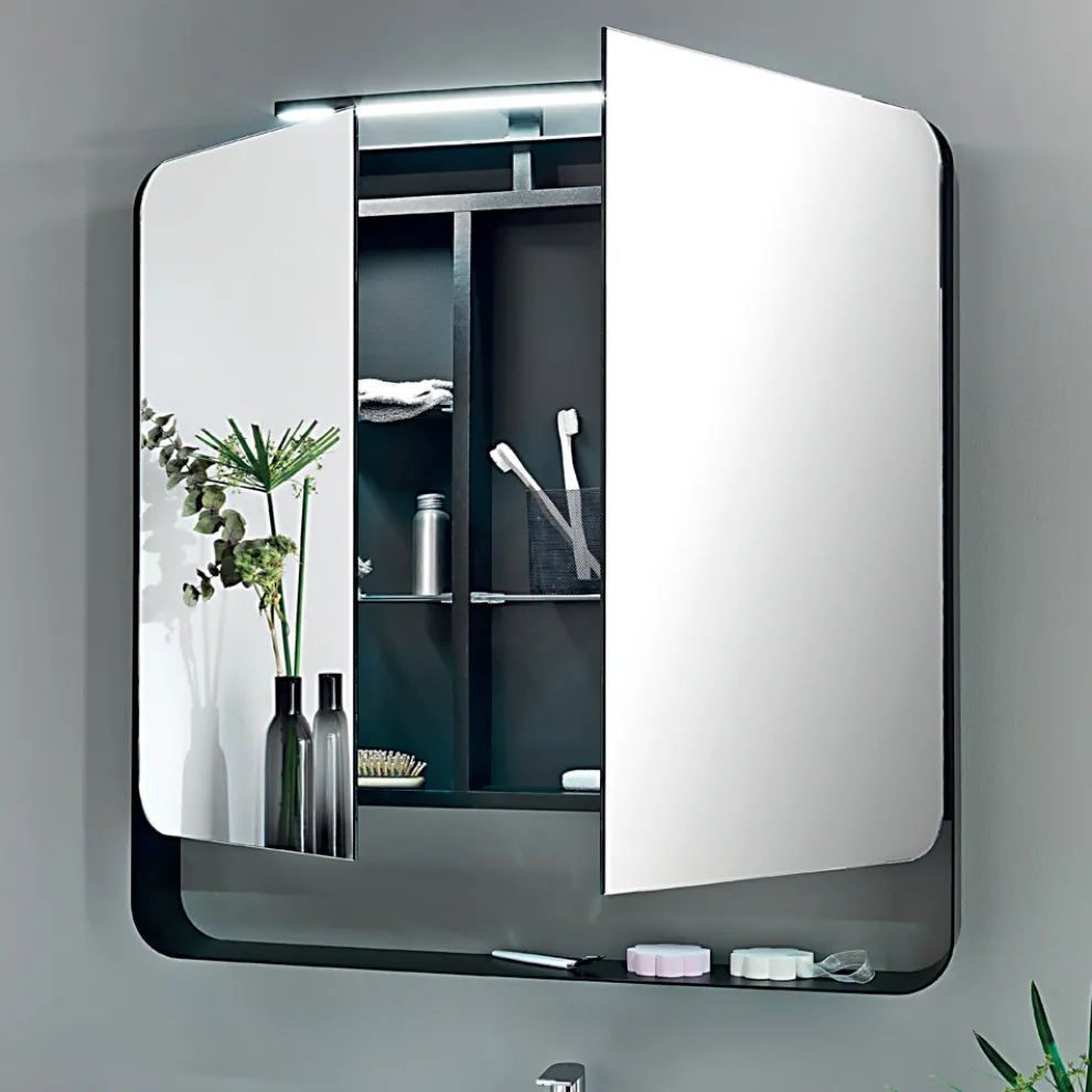 Spiegelbehälter aus Metall mit Doppelspiegeltüren und Lichtern, hergestellt in Italien – Galileo