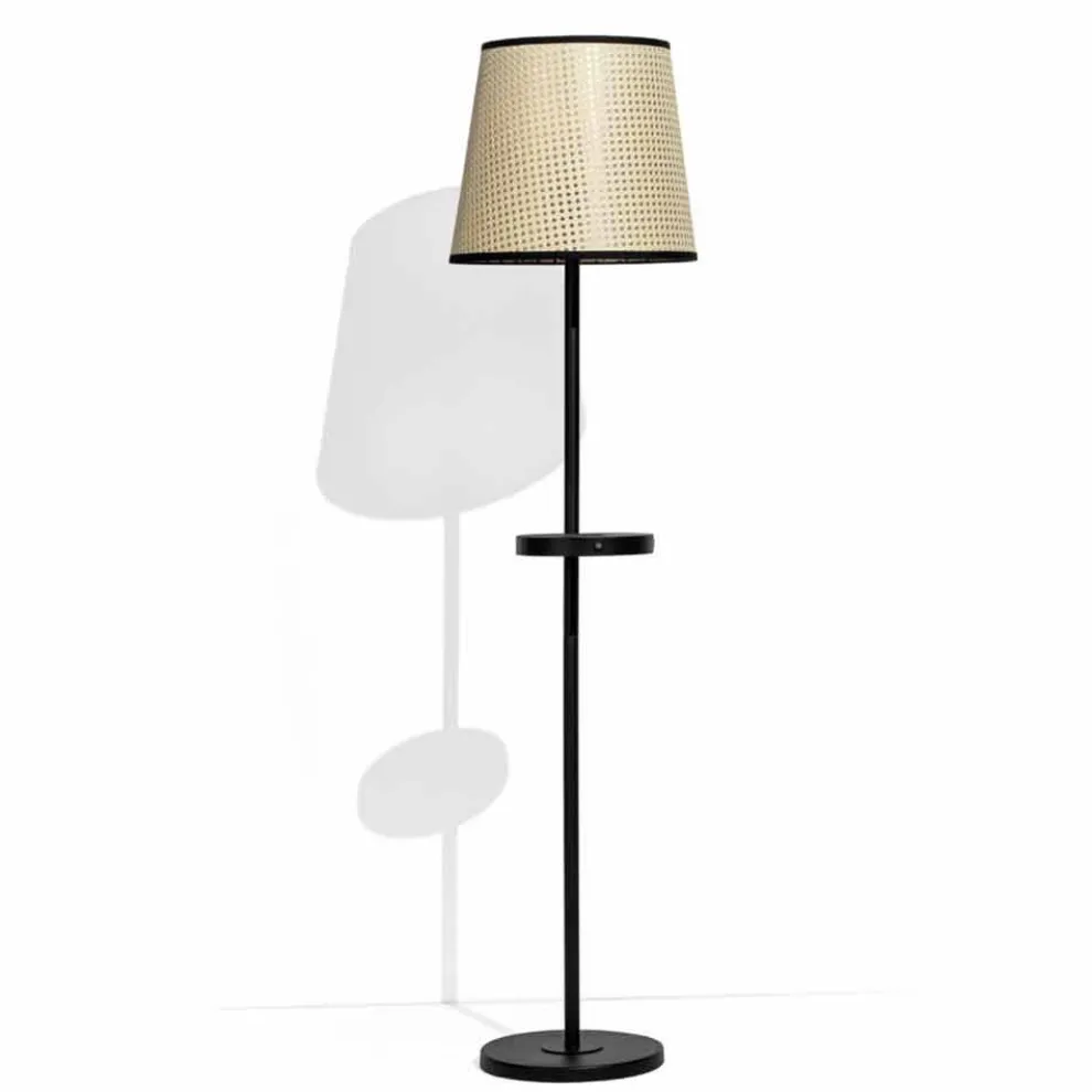 Stehlampe aus Black Metal und Rattan mit Regal Made in Italy - Livia
