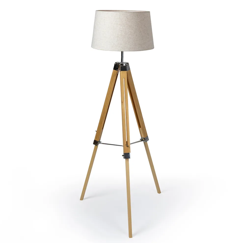 Stehlampe mit 3-Fuß-Holzfuß und Lampenschirm aus Segeltuch - Evette