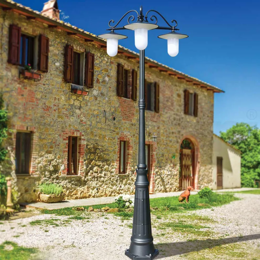 Straßenlampe im Vintage-Stil mit 3 Lichtern aus grauem Aluminium, hergestellt in Italien – Belen