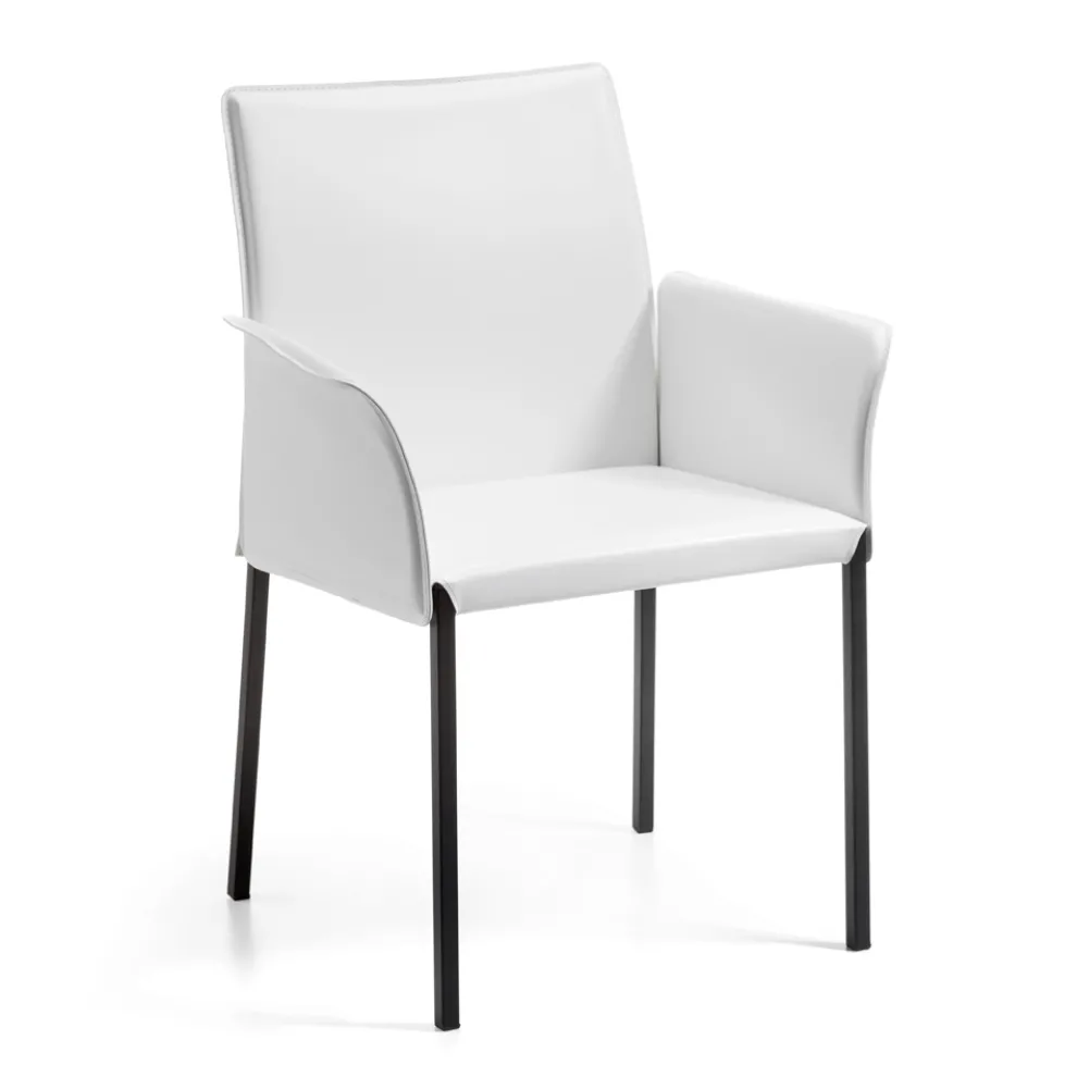 Stuhl mit Armlehnen aus weißem Leder und schwarzen Beinen, hergestellt in Italien – Pupazzo