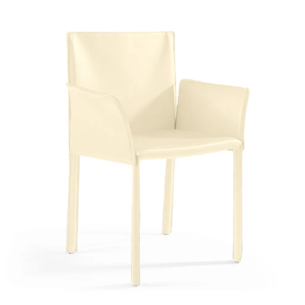 Stuhl mit Armlehnen, gepolstert mit elfenbeinfarbenem Leder, hergestellt in Italien – Schale