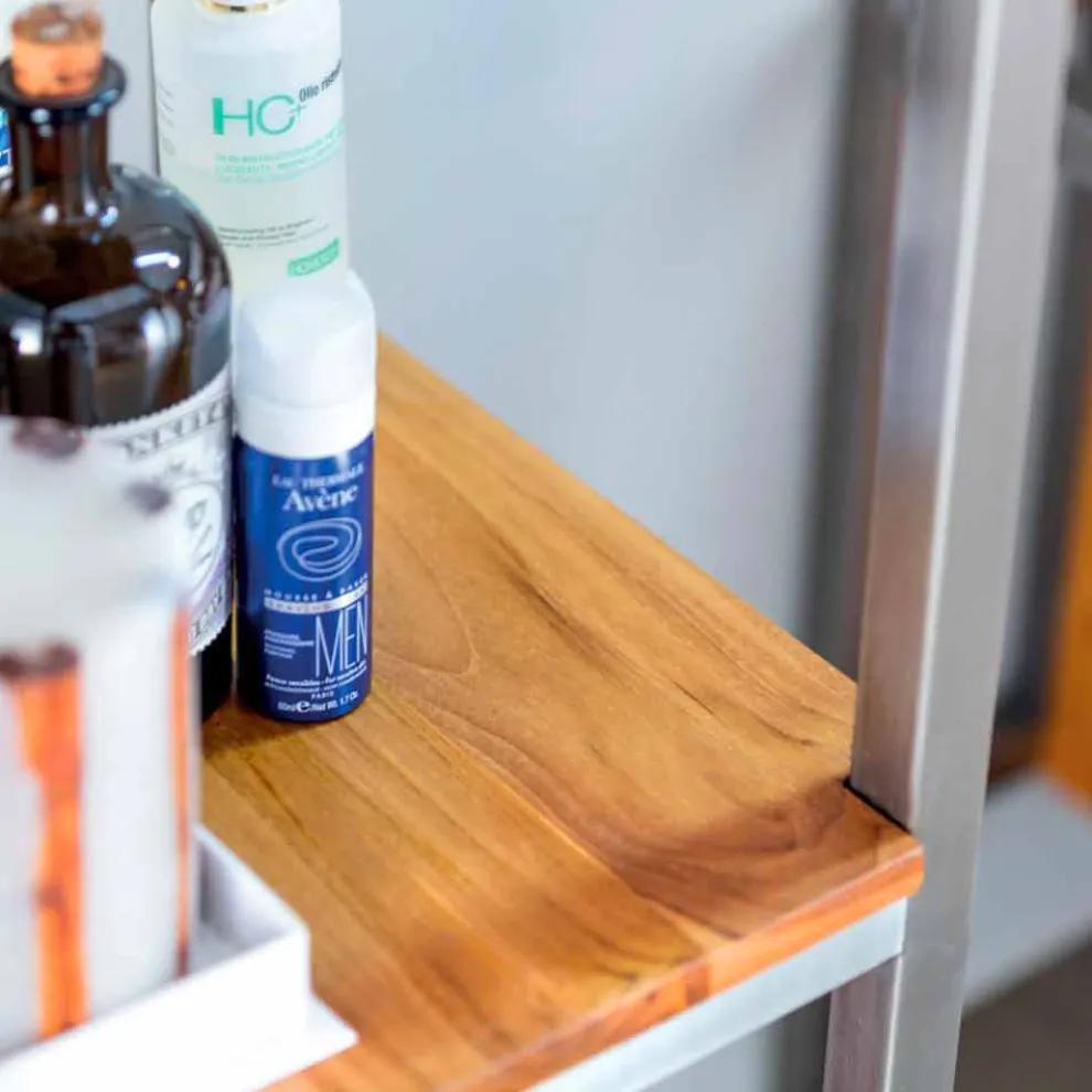 Säulen-Badezimmerschrank aus Teakholz und Stahl mit 4 offenen Regalen - Tamburino