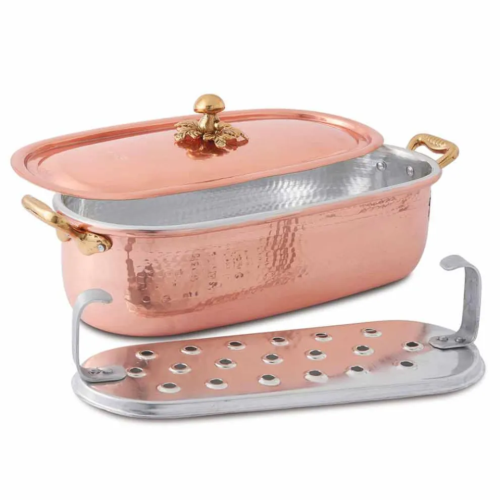 Fischtopf aus italienischem handgemachtem verzinntem Kupfer mit Deckel 44 cm - Mariapia