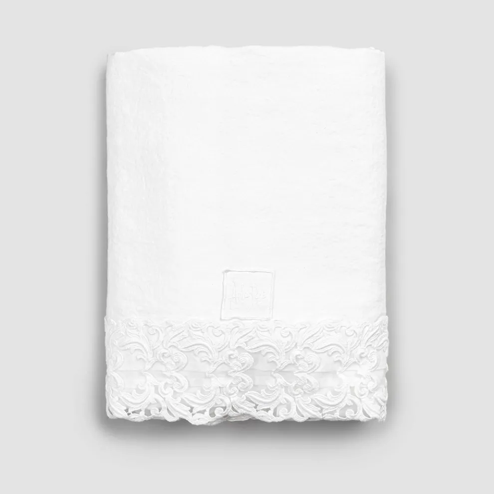 Weißes Leinenflachbetttuch mit Spitze für Doppelbett von hoher Qualität - Fiumana