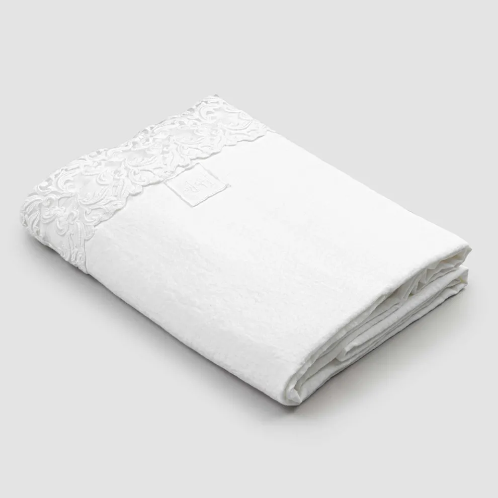 Weißes Leinenflachbetttuch mit Spitze für Doppelbett von hoher Qualität - Fiumana