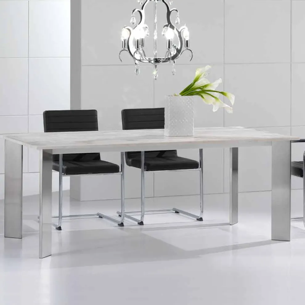 Tisch aus Travertinstein mit Beinen aus glänzendem Stahl Pompilio