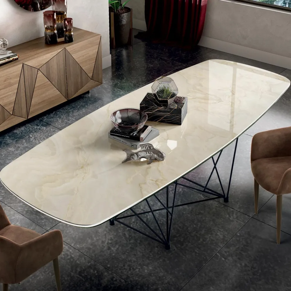 Tisch mit tonnenförmiger Keramikplatte und Stahlsockel Made in Italy - Ezzellino