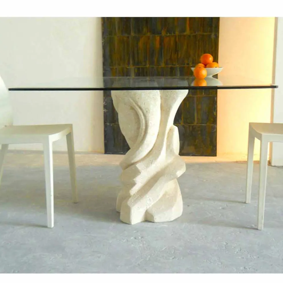 Tisch viereckig aus Stein und Kristallplatte Leda