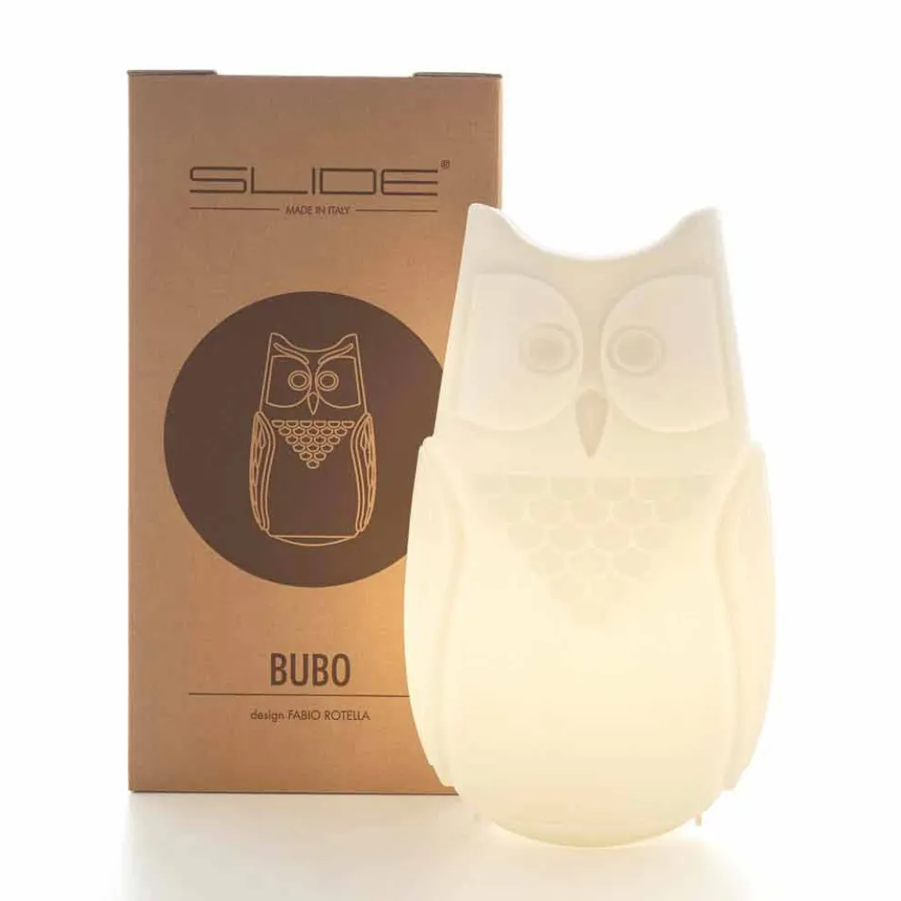 Tischfarbene Eulenlampe Slide Bubo, hergestellt in Italien