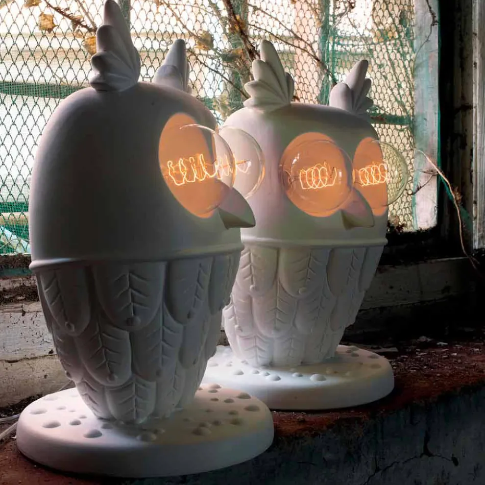 Tischlampe aus mattweißer Keramik 2 Lichter Modernes Design Eule - Eule