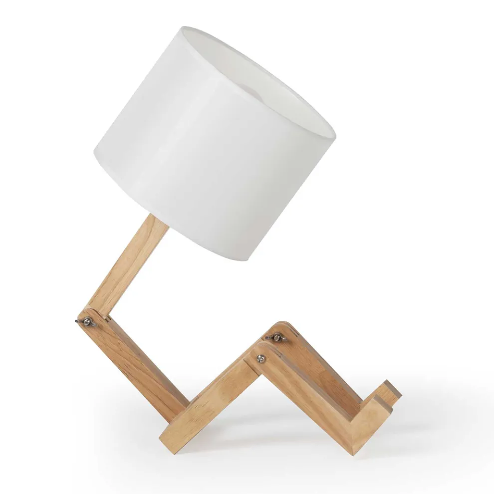 Tischlampe aus Naturholz mit Lampenschirm aus weißem - blauem Leinen