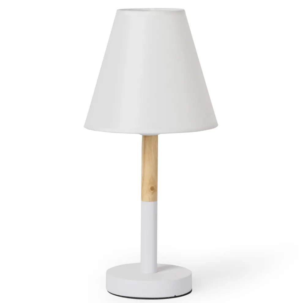 Tischlampe aus weißem Metall und Holz mit Lampenschirm aus Segeltuch - Sannah