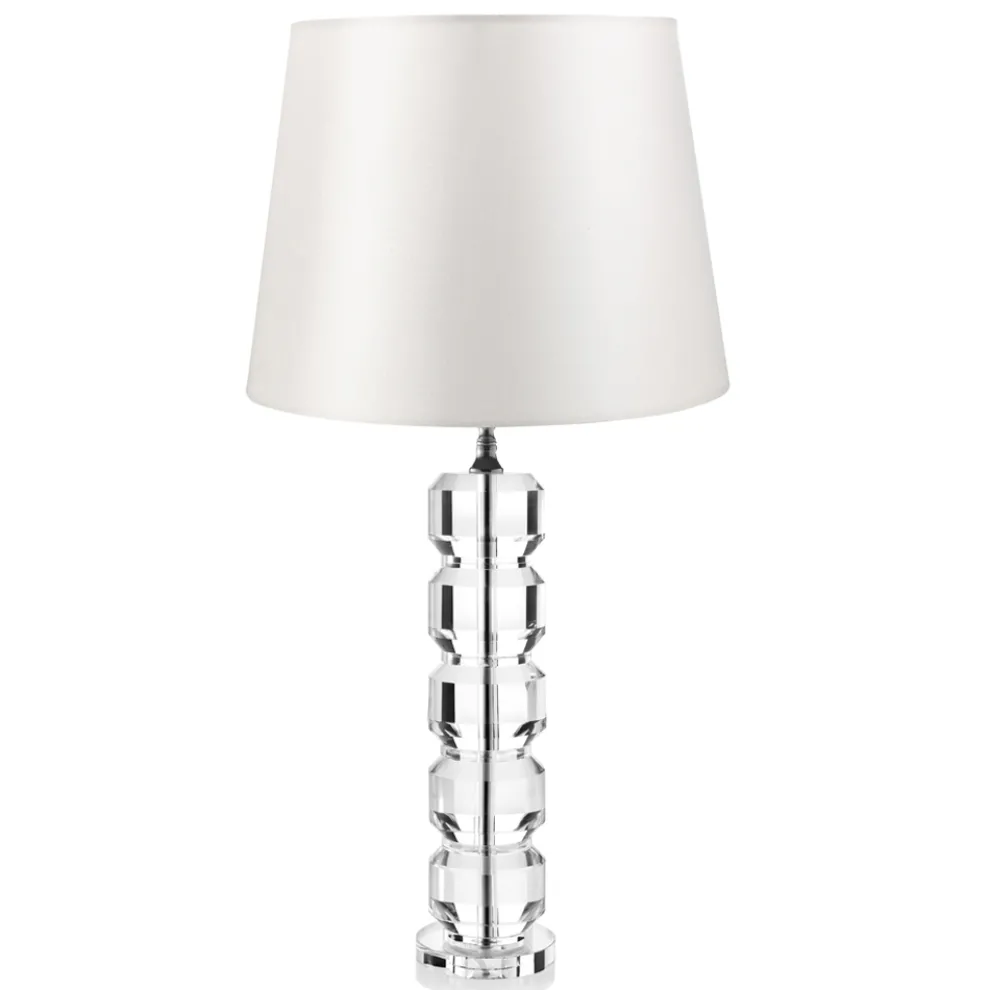 Tischlampe mit Kristallsockel und zylindrischem Lampenschirm aus Stoff - Crocca