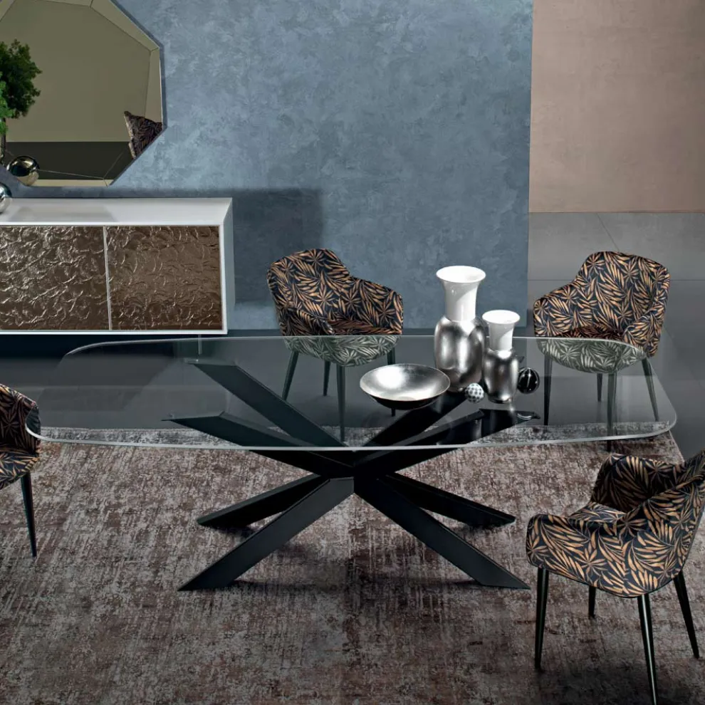 Tonnenförmiger Esstisch aus Glas und Stahl, hergestellt in Italien – Cave