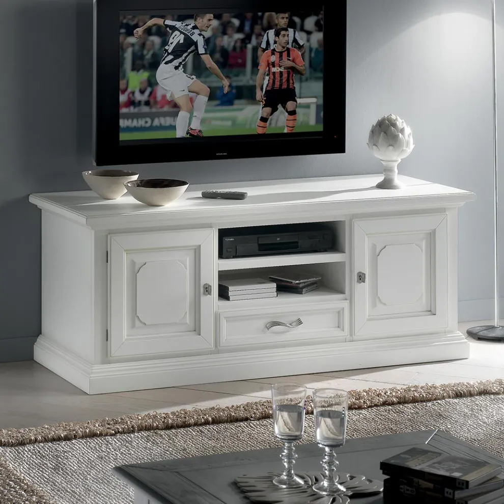 TV-Schrank mit 2 offenen Fächern und 2 weiß lackierten Türen, hergestellt in Italien – Atai