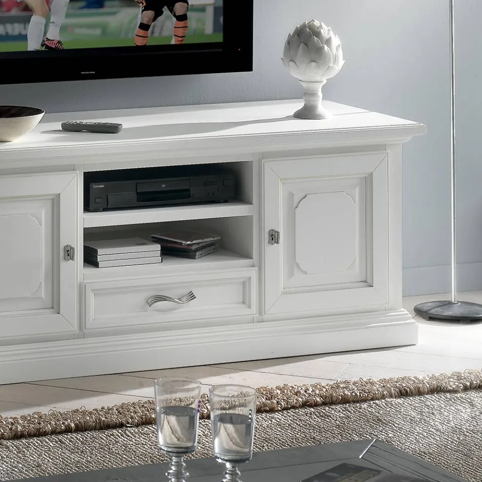 TV-Schrank mit 2 offenen Fächern und 2 weiß lackierten Türen, hergestellt in Italien – Atai