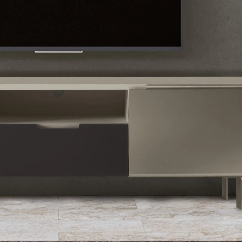 TV-Ständer mit 2 Türen und 1 Schublade in Nickel- und Carbon-Finish – Inga