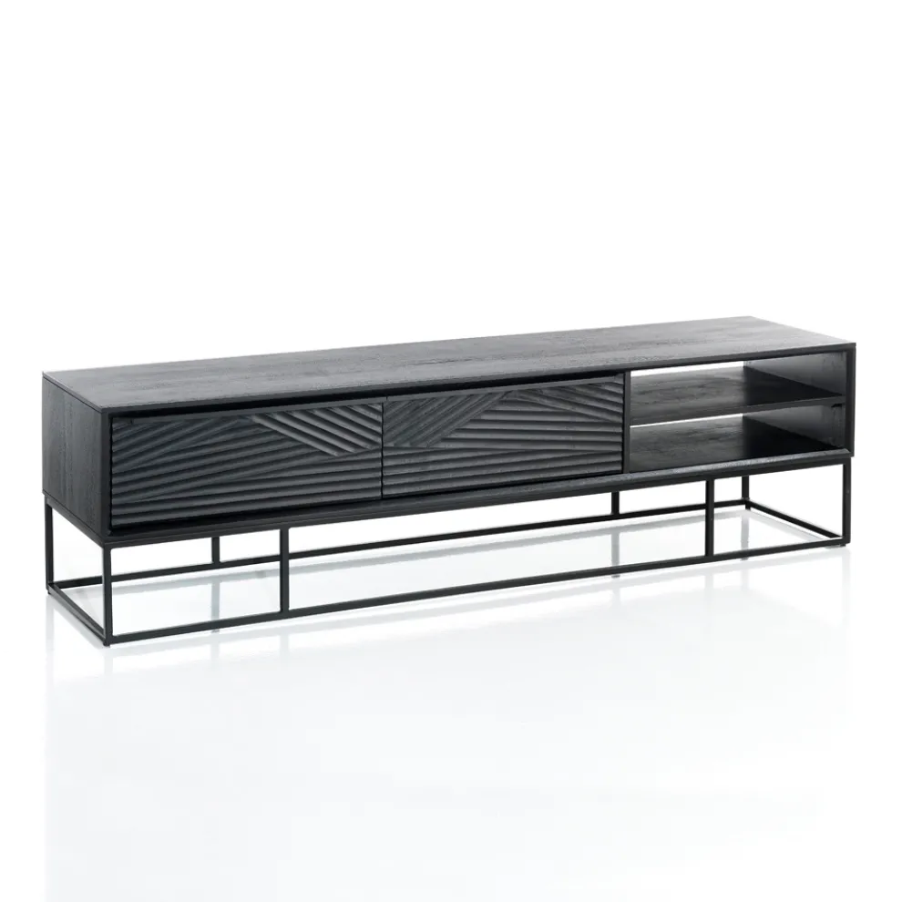 TV-Ständer mit 2 Türen und einem offenen Fach mit Ablage – Platin