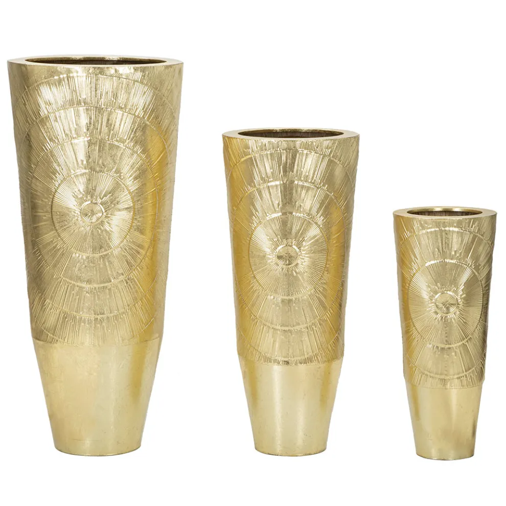 Satz von 3 goldenen Eisenvasen mit kreisförmigen Reliefdekorationen - Walter