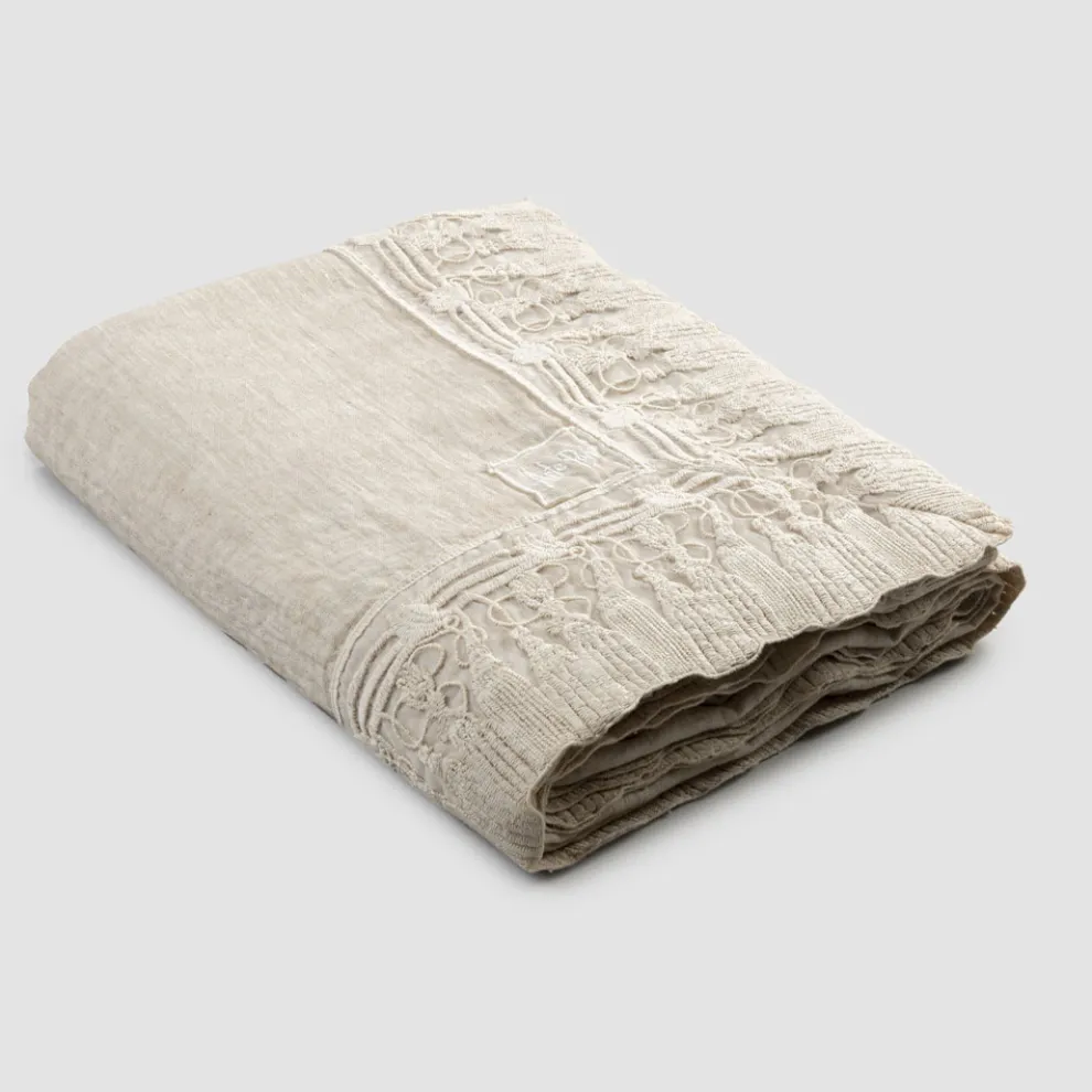 Rechteckige beige Leinentischdecke mit luxuriösem Quasten-Spitzenrahmen - Reißverschluss