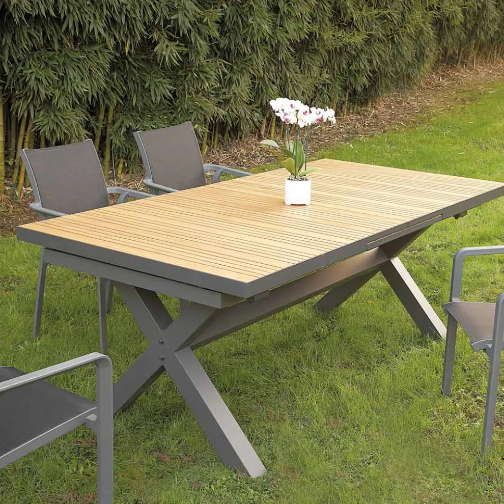 Ausziehbarer Tisch 263 cm aus Aluminium und massivem Teakholz - Lilia