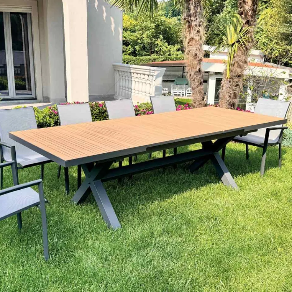 Ausziehbarer Tisch 263 cm aus Aluminium und massivem Teakholz - Lilia