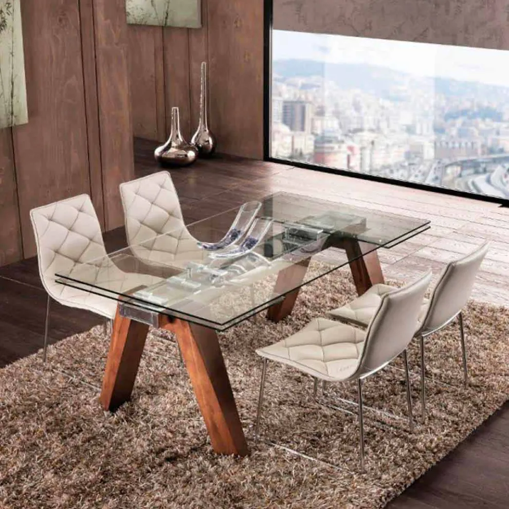 Verlängerbarer Massivholztisch mit Hartglasplatte Chad