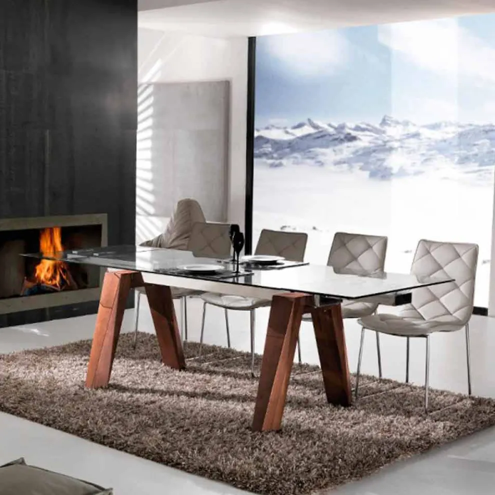 Verlängerbarer Massivholztisch mit Hartglasplatte Chad