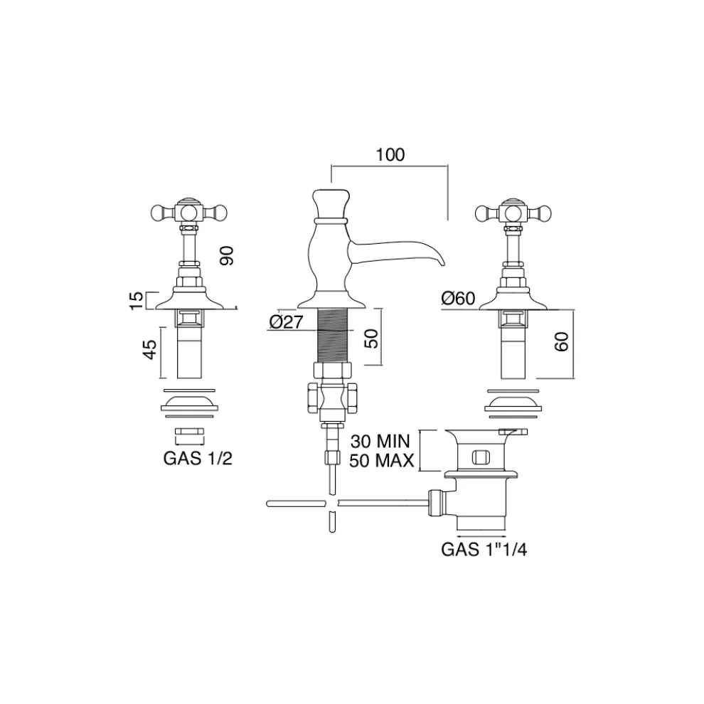 Vintage Bidetarmaturen aus Vintage Messing mit 3 Löchern Made in Italy - Elisea