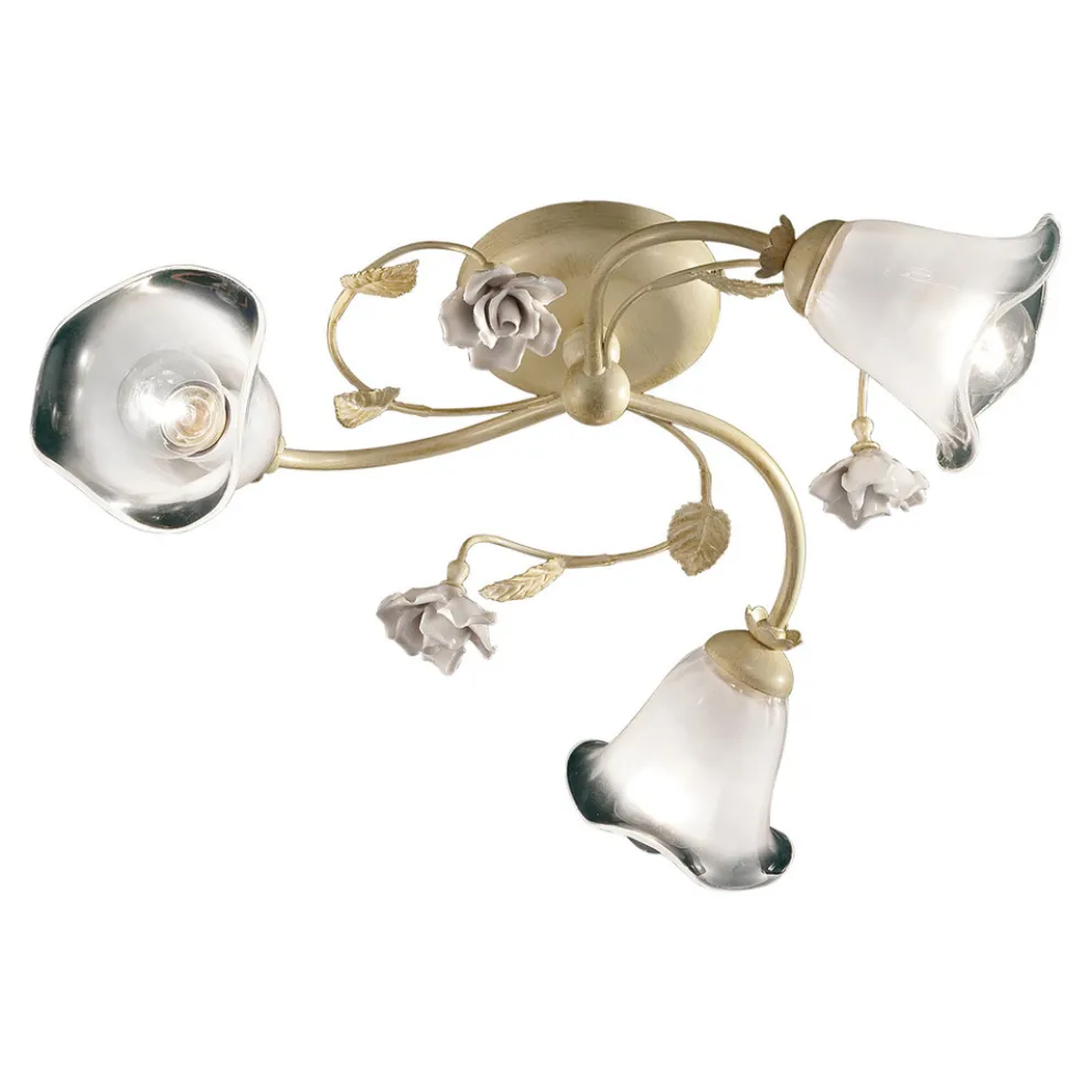 Vintage Deckenlampe 3 oder 4 Lichter aus Eisen, Glas und Keramikrosen - Siena