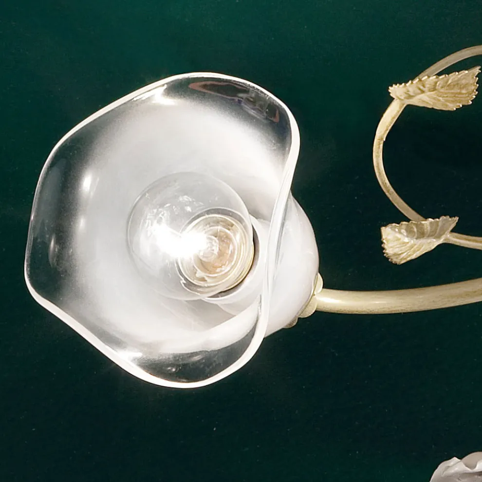 Vintage Deckenlampe 3 oder 4 Lichter aus Eisen, Glas und Keramikrosen - Siena