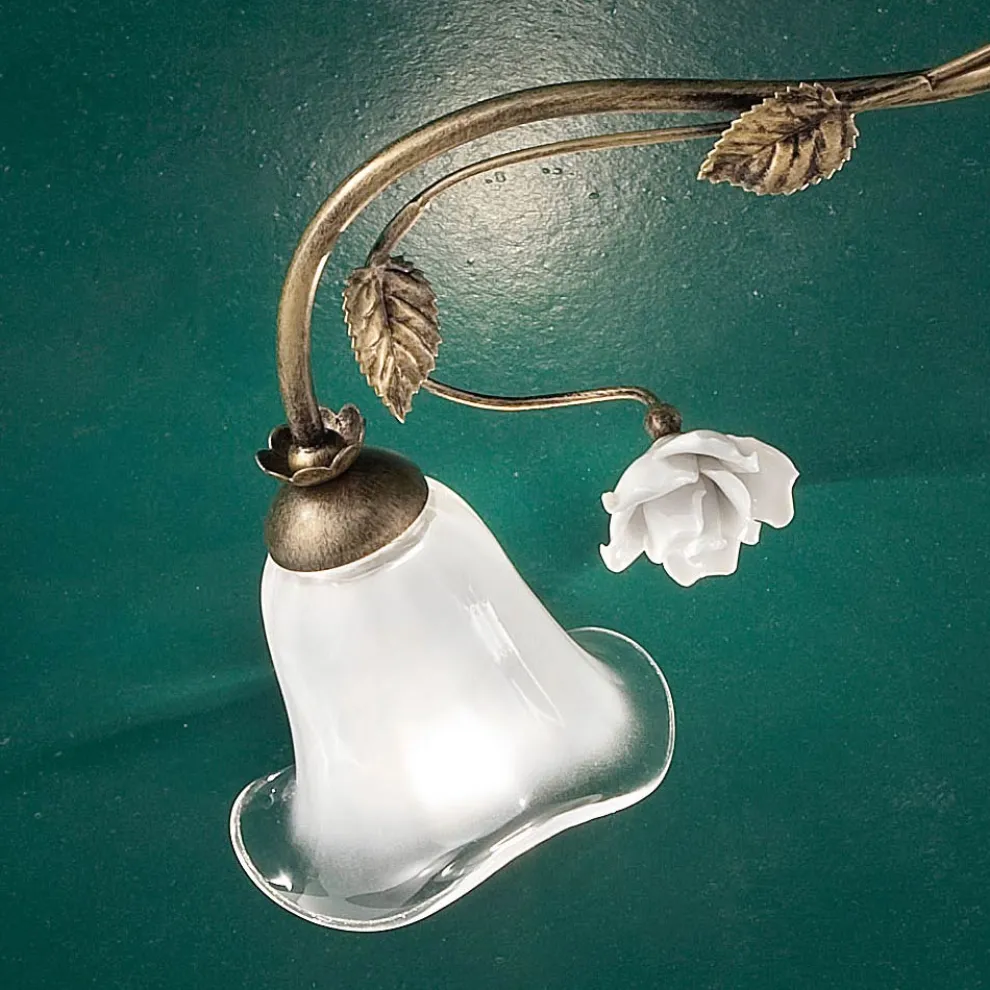 Vintage 6-flammige Deckenlampe aus Eisen, Glas und Keramikrosen - Siena