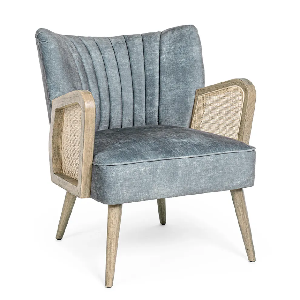 Vintage Holzsessel mit Rattan und Polyester Armlehnen - Ludovica