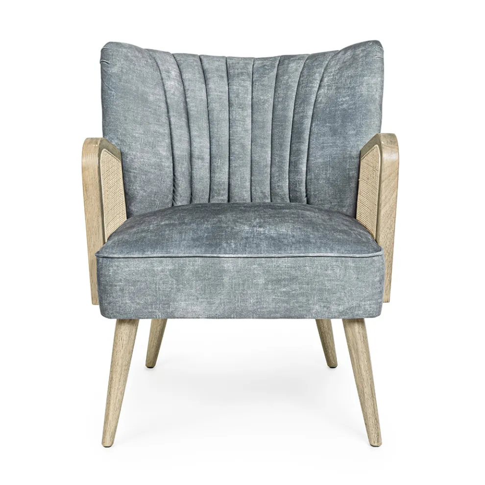 Vintage Holzsessel mit Rattan und Polyester Armlehnen - Ludovica