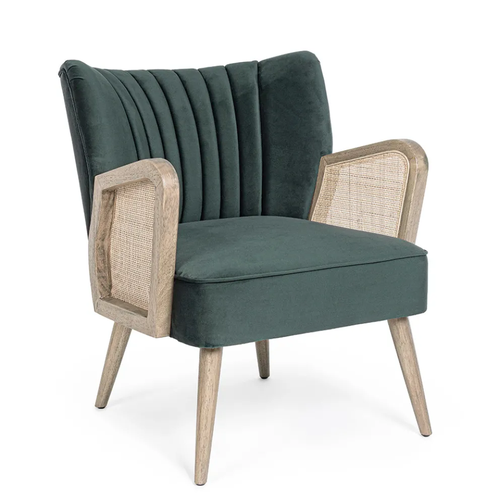 Vintage Holzsessel mit Rattan und Polyester Armlehnen - Ludovica