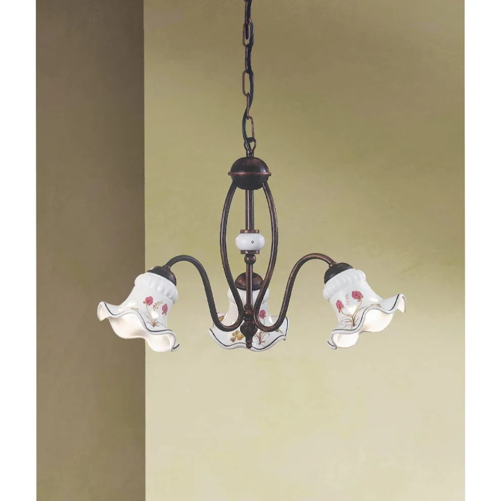 Vintage Kronleuchter 3 oder 5 Lichter aus Eisen und handbemalter Keramik - Chieti