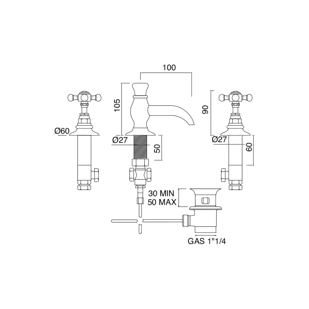 Vintage 3-Loch Waschtischarmatur aus Vintage Messing Made in Italy - Elisea