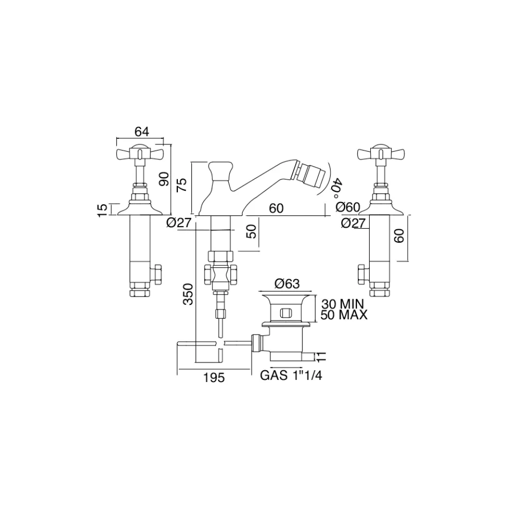 Vintage 3-Loch-Bidetarmaturen aus Messing Made in Italy - Katerina
